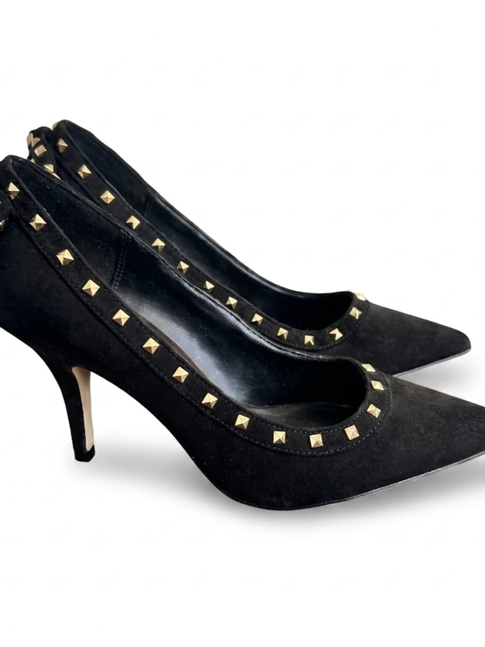 ELLE Black Faux Suede Gold Studded Bow Heels Pumps 6.5